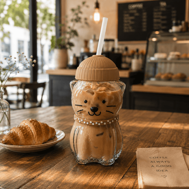 "Millie, The Purrista": Glass Cat Tumbler with Beanie - Tiny Tiger Gift Shop